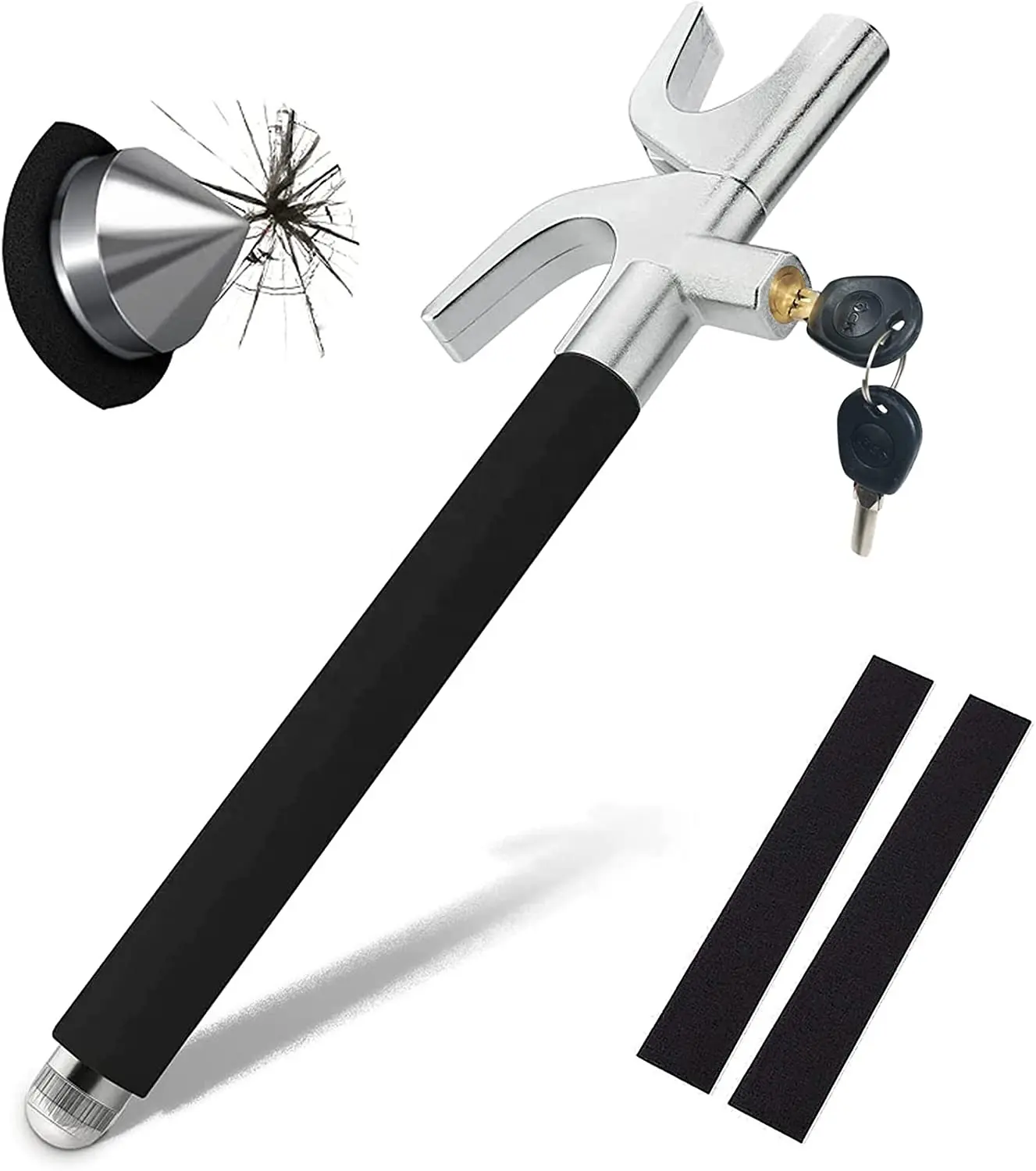 UMEDO Retractable Double Hook Universal Fit Emergency Hammer Window Breaker Heavy Duty Anti-Theft 3 Keys Steering Wheel Lock