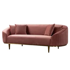 Sofá de descanso moderno midcentury, diseño grande de lujo, cómodo, de 3 plazas tapizado de tela, sofá moderno de terciopelo rosa