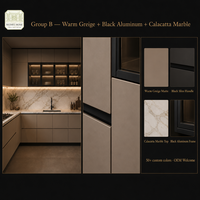 Meubles de cuisine sur mesure pour toute la maison, gris mat, porte en verre aluminium noir, bande LED, fermeture douce, ISPM-15, export, usine OEM
