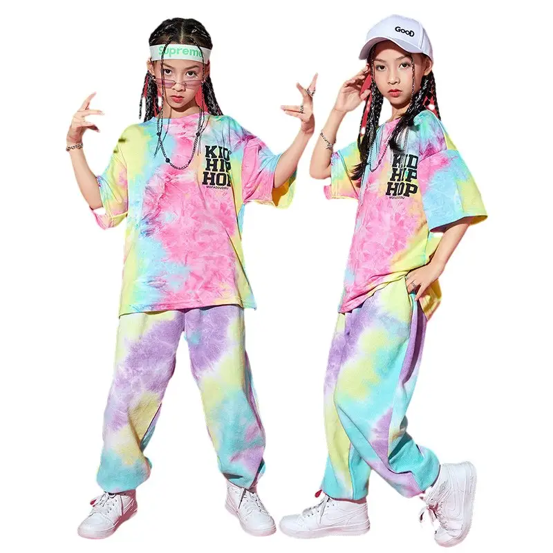 Celana kaus lengan pendek pelangi Hip-Hop kostum pertunjukan musim panas anak perempuan dan anak laki-laki pakaian blok warna anak-anak