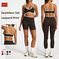 Ensemble de yoga 2 pièces sans couture en Spandex/Nylon, imprimé léopard, dos nu, style européen-américain, pour entraînement, effet push-up et coupe ajustée