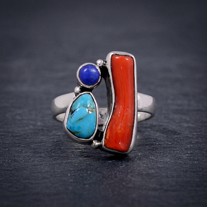 Bague de luxe en argent sterling 925 avec corail de bambou et turquoise bleue Mohave, bijoux faits à la main pour mariage/fête - Product Image 2