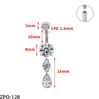 VIEN Bijoux ZPO-128 – Nouveau piercing de nombril en titane de qualité implantable, couleur or, avec pendentif goutte d'eau en zircon cubique