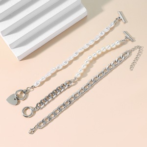 Retro-chic, light luxury, unique faux pearl heart pendant OT buckle <b>bracelet</b> <b>set</b>, European and American style multi-layered - Product Image 4