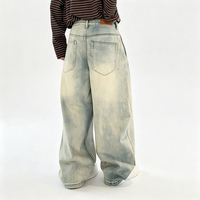 Nouveau pantalon en jean délavé bleu coupe droite ample et tendance - Style basique américain avec motif peint à la main