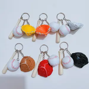 Wholesale In Stock Cheap Custom Souvenir Gift Key Chain Promotion Baseball Wood Bat Baseball Sports Keyring with Leather