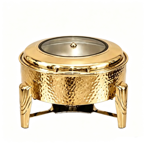 Lussuosa Pentola Dorata con Motivo a Martello; Fornello Riscaldante per Buffet in Acciaio Inox con Sistema Idraulico Visibile; Scaldavivande per Banchetti - Product Image 1