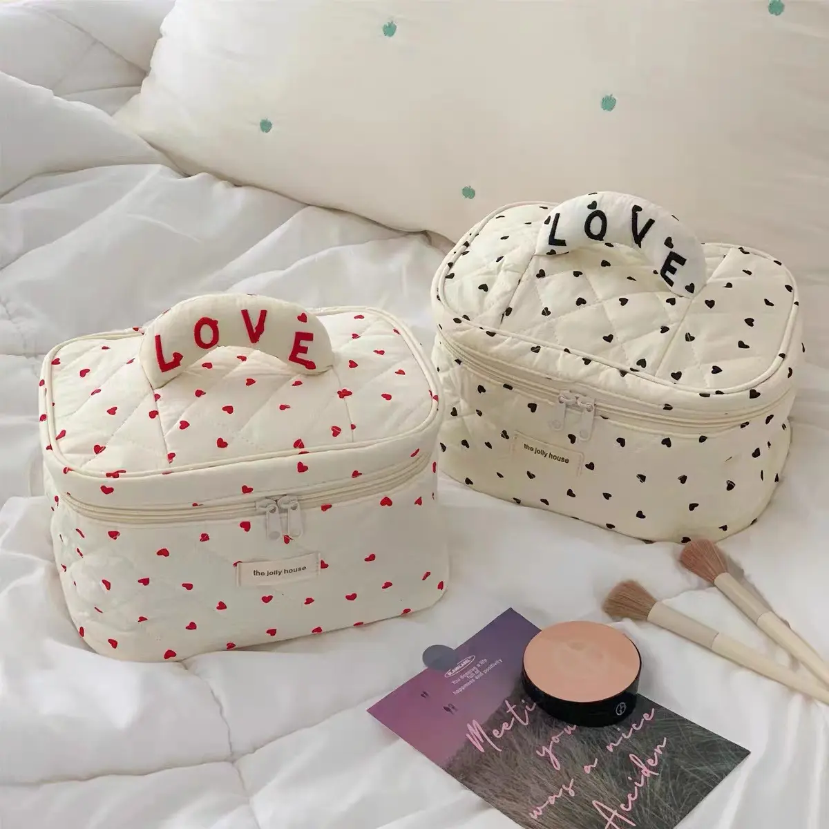 Cosmetic Custom Travel Cotton Canvas Floral Makeup Bag Cute Quilting Zipper Cosmetic Cloth Handbag