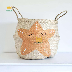 Hot Trend Cute Star Embroidery Rattan Storage <b>Basket</b> <b>With</b> <b>Handles</b> For Children's Toy Storage Top Sale - Product Image 1