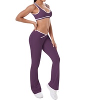Setelan Yoga Wanita Model Celana Lebar Silang Warna Kontras, Bahan Bernapas, Tekstur Brushed Dua Sisi, Cocok untuk Olahraga Lari dan Fitness