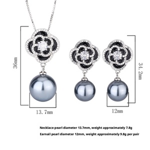 Fashion Jewelry Eco-friendly Copper 16-14MM Shell Pearl Camellia Flower Design Temperament Pendant and Earrings Set for Women - Product Image 3