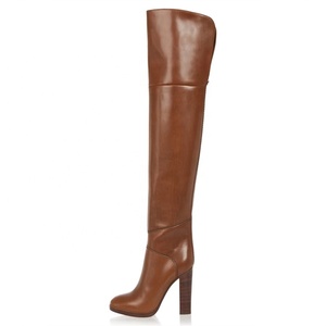 Bottes de chevalier en cuir marron style romain pour hommes et femmes, à talon épais, bout rond, découpe arrière, confortables, bottes d'hiver montantes au-dessus du genou - Product Image 4