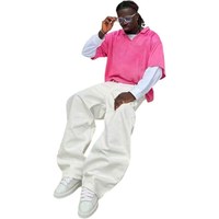 Polo en maille rose vif pour homme KY, manches courtes, col en V zippé, style Y2K streetwear, respirant, perforé, décontracté
