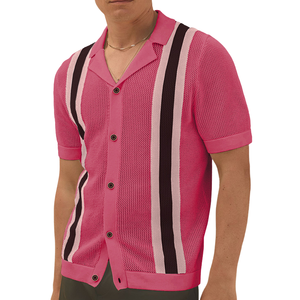 Pull en coton rayé à manches courtes pour homme, respirant, à porter en été, avec fermeture boutonnée, de haute qualité - Product Image 1