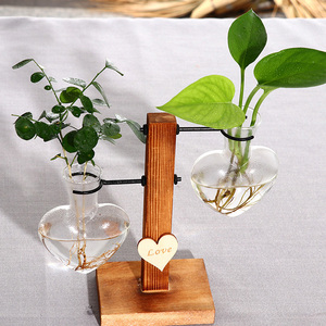 Dropshiping Hydroponic Glass Planter Heart Shaped Vase With Retro Solid Wood Stand <b>Flower</b> Pot for Home Wedding <b>Decor</b> - Product Image 4