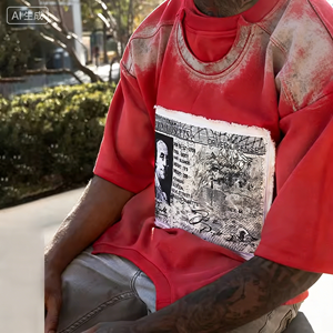 ผู้ผลิต OEM เสื้อยืดคอตตอนแขนสั้นสไตล์เรโทรฮิปฮอปแบบครอปปิ้ง ตกแต่งด้วย<span class=keywords><strong>การ</strong></span>ปะติดปะต่อ งานปัก และดีไซน์ทำให้ดูเก่า สำหรับผู้ชาย - Product Image 4