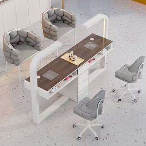 Ensemble table et chaise multifonctionnel pour salon de manucure, table de manucure économique simple et double, marbre crème, luxe léger - Product Image 5