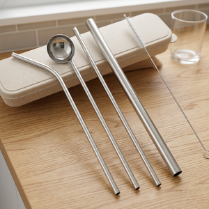 Reusable <b>Metal</b> Drinking <b>Straws</b> Set 3Pcs Minimalist Travel Cutlery with Spoon and Cleaning Brush in Carry Case - Product Image 6