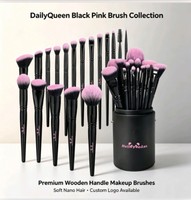 DailyQueen Ensemble de 18 pinceaux de maquillage de luxe noir et rose, poils nano doux, manche en bois, logo personnalisé, brosse à raser