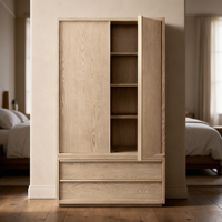 Armoire en bois de chêne massif à 2 portes et 2 tiroirs, sans poignées, style nordique minimaliste, pour chambre à coucher, appartement, hôtel, usage domestique
