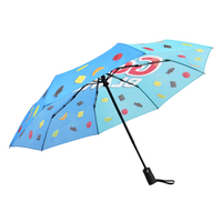 Parapluie pliant automatique 3 sections en pongé avec impression intégrale personnalisée du logo, tige en fibre de verre, poignée noire enduite, 21 pouces