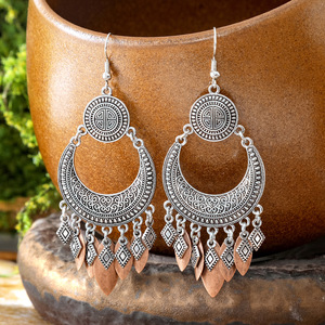 Vintage Geometric <b>Silver</b> Plated <b>Earrings</b> Women's <b>Long</b> Tassel Ethnic Style Everyday Wear - Product Image 1