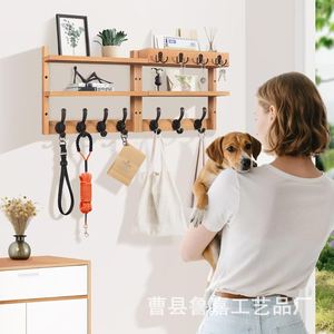 Wooden <b>Wall</b> <b>Mounted</b> <b>Shelf</b> 3 Tier With Hooks For Entryway Living Room Storage Rack Natural Wood Color - Product Image 1