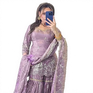 Women's <b>Purple</b> Silk Embroidered plazzo sharara Traditional Indian Wedding <b>Dress</b> Floor-Length Regular Fit - Product Image 1
