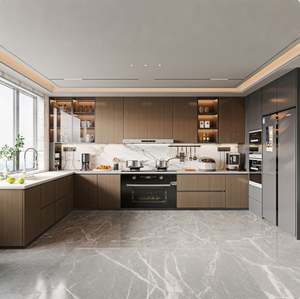 Gabinete de Cocina en Forma de L de MDF con Acabado Laminado Color Madera Semi-Brillante de Primera Calidad para Proyectos de Villas Africanas, con Fregadero y Grifo - Product Image 1