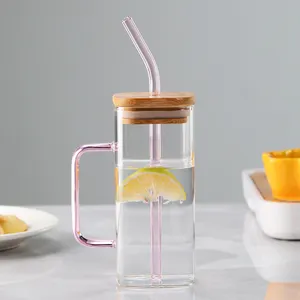 Top Seller Clear Glassware Drinkware Iced Coffee Tea Mug Water Tumbler Dinking Glasses Square Glass Cup With Lid Straw Handle