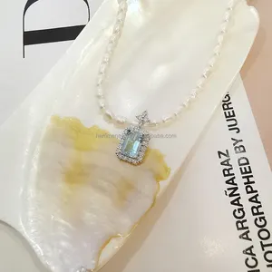 Aquamarine Luxury 18k Real Gold Emerald Shape Aquamarine Pendant With Rice Pearls Necklace Charm Fine Jewelry Choker