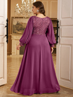 Robe de soirée maxi tendance pour femmes grandes tailles, couleur unie, col rond, manches lanternes, avec décoration en sequins plissés sur le devant