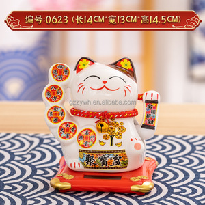 Chat porte-bonheur en céramique blanche Maneki Neko chat ondulant solaire émaillé de 6 pouces pour la maison ornement émail cadeau de noël décor - Product Image 3