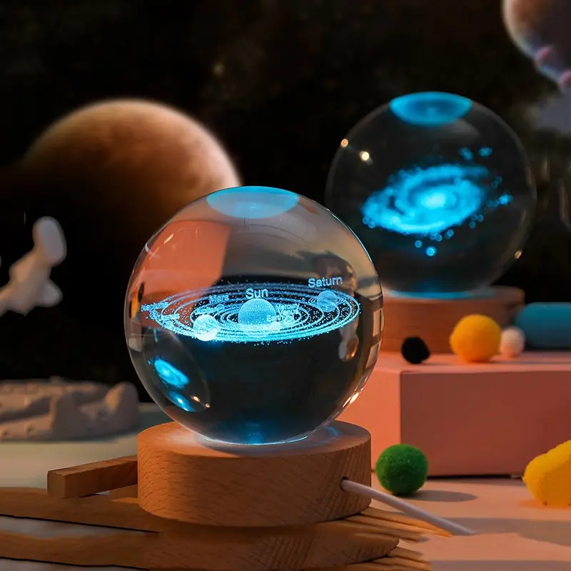 High Quality 60mm 80mm Milky Way 3D Galaxy Astronaut Led Night Light Crystal Ball with Wooden Base