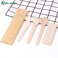 Couverts jetables en bois biodégradables 4 en 1 de cuillère fourchette couteau serviette