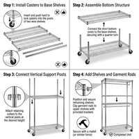 Porte-vêtements en fil métallique à 2 niveaux avec 4 étagères réglables, en acier chromé, sur roulettes, pour magasin de vêtements