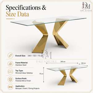 Table à manger de luxe en acier inoxydable avec plateau en verre transparent, base sculpturale en Z, mobilier moderne pour événements et mariages - Product Image 2