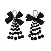 Boucles d'oreilles longues en perles et nœud papillon coréen pour femmes, boucles d'oreilles en argent coréen avec nœud en perles, goutte d'eau, fleur, bijoux