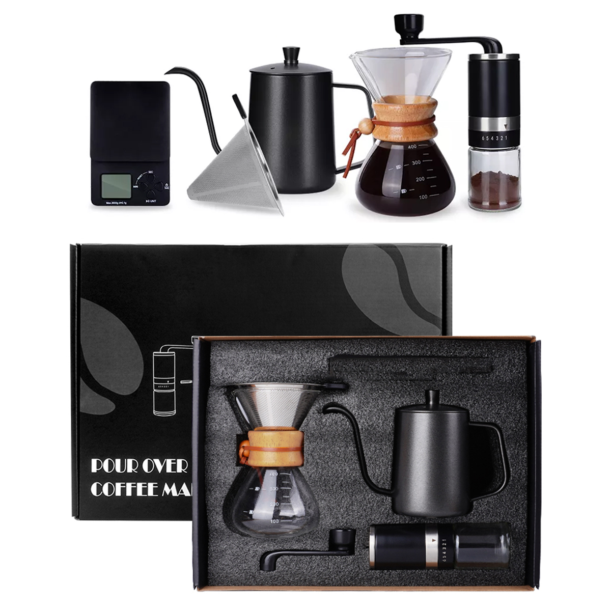 Лидер продаж на Amazon, V60 капельный чайник с ручной мельницей, Премиум Подарочная коробка, уличная дорожная портативная кофеварка