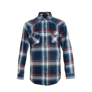 Manufactory wholesale long sleeve collar men fancy blue check shirt