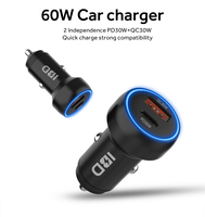 Chargeur de voiture rapide USB PD 60W à 2 ports IBD Metal avec anneau LED bleu, nouvelle tendance, 12V 24V, pour iPhone, Android, tablette
