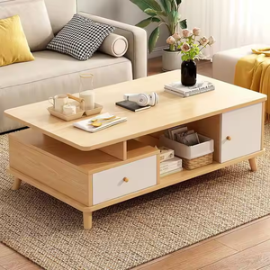 Table basse moderne en bois massif de style nordique avec tiroir de rangement et pieds simples pour salon, petit appartement, chambre de location, mobilier d'hôtel - Product Image 1