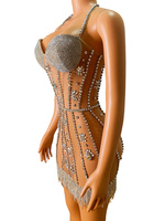 NOVANCE Y2368-C Robe de Soirée de Luxe Transparente à Bretelles, Strass et Pompons Effet Diamant pour Femme – Modèle Clubbing Sexy et Élégant