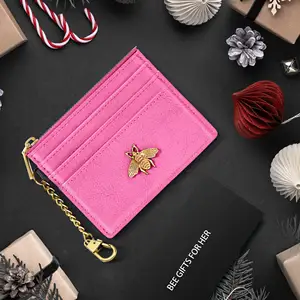 Portefeuille minimaliste design personnalisé pour femmes porte-cartes porte-clés en cuir rose rouge avec fermeture éclair