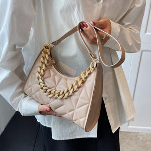 กระเป๋าสะพายไหล่หนัง PU ย้อนยุคสำหรับผู้หญิงประดับโซ่กระเป๋าถือมีซิปสีทึบ - Product Image 5