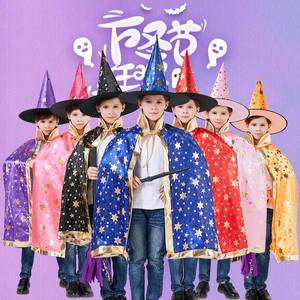 Disfraz de Halloween MS en Stock: Capa de Mago Digital Brillante con Estampado de Fantasma y Gorro de Bruja - Product Image 2
