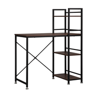 Table d'ordinateur en noyer foncé avec étagères de rangement et surface en bois