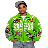 Veste bomber de course verte personnalisée pour homme avec patchs brodés, veste varsity streetwear, veste de mode avec logo personnalisé