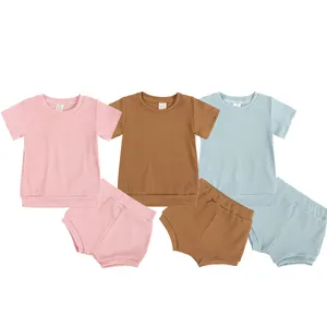 Baby Newborn Ribbed Cotton Bodysuits T Shirts With Shorts Boys Girls Clothes Baby Shirts Set Infant Toddler Ribbed Outfits