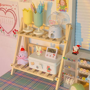 Spot vente en gros bureau pin présentoir double étagère de rangement dessus de table en bois étagère de rangement pour bureau de cuisine - Product Image 3